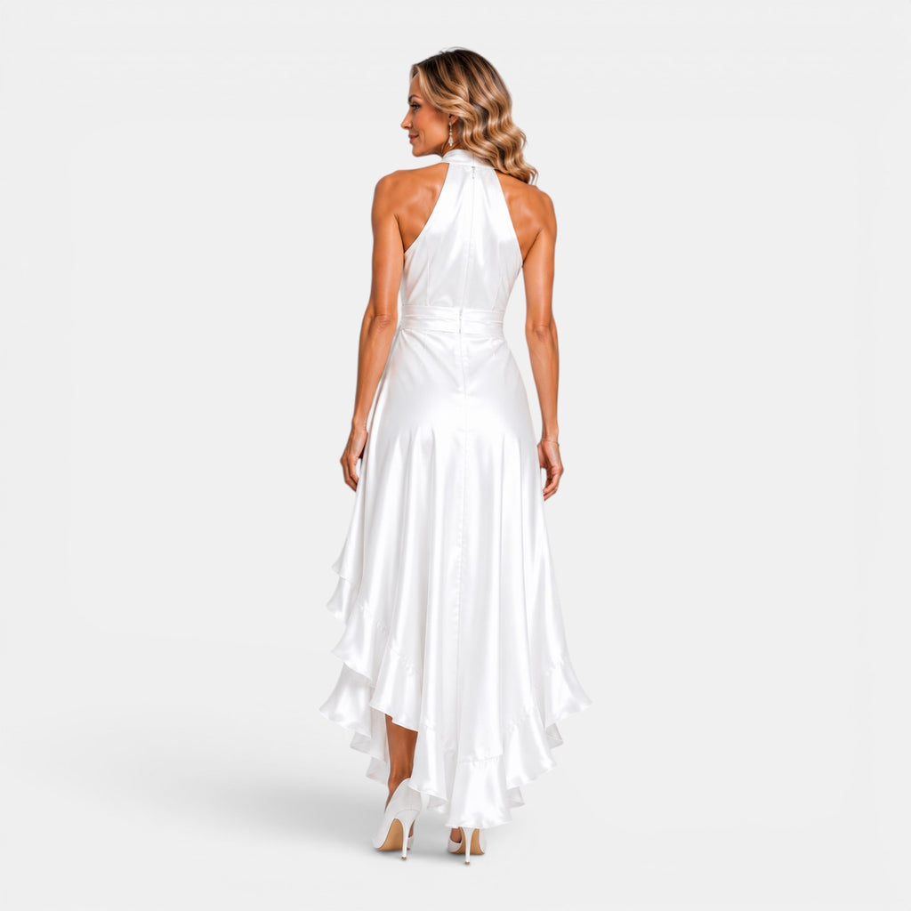 Monvaline | Women's Satin Wedding Guest Dress – Deep V-Neck Midi Style
