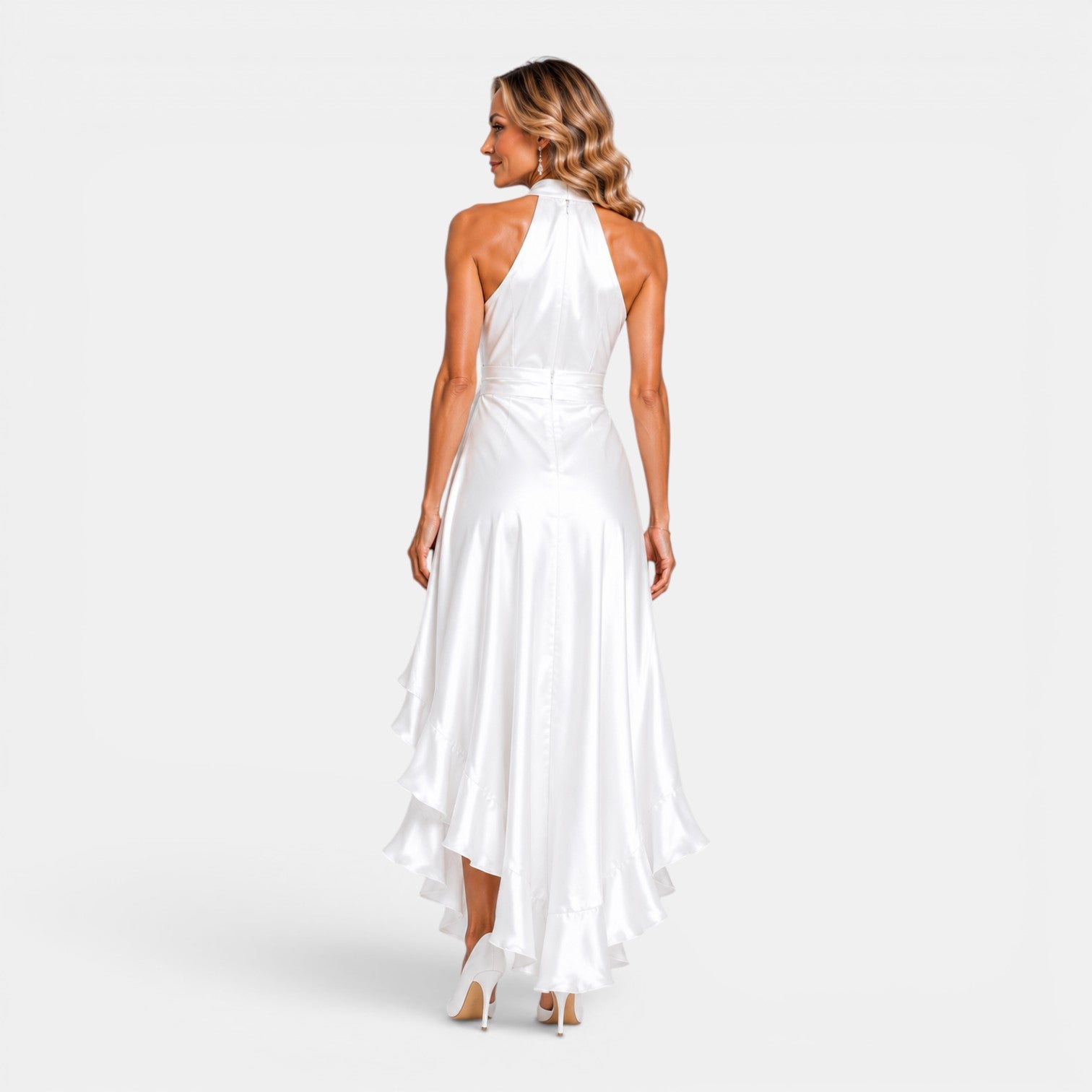 Monvaline | Women's Satin Wedding Guest Dress – Deep V-Neck Midi Style