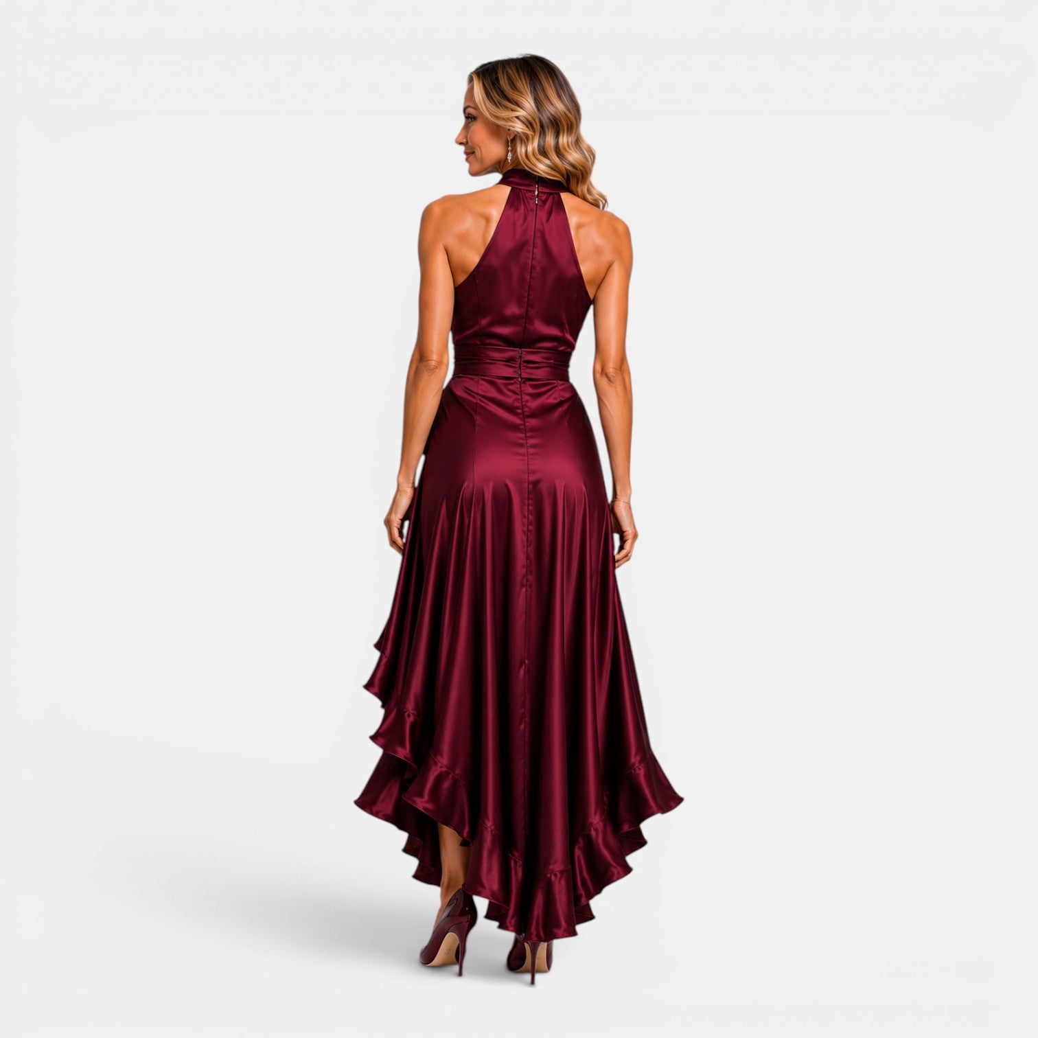Monvaline | Women's Satin Wedding Guest Dress – Deep V-Neck Midi Style