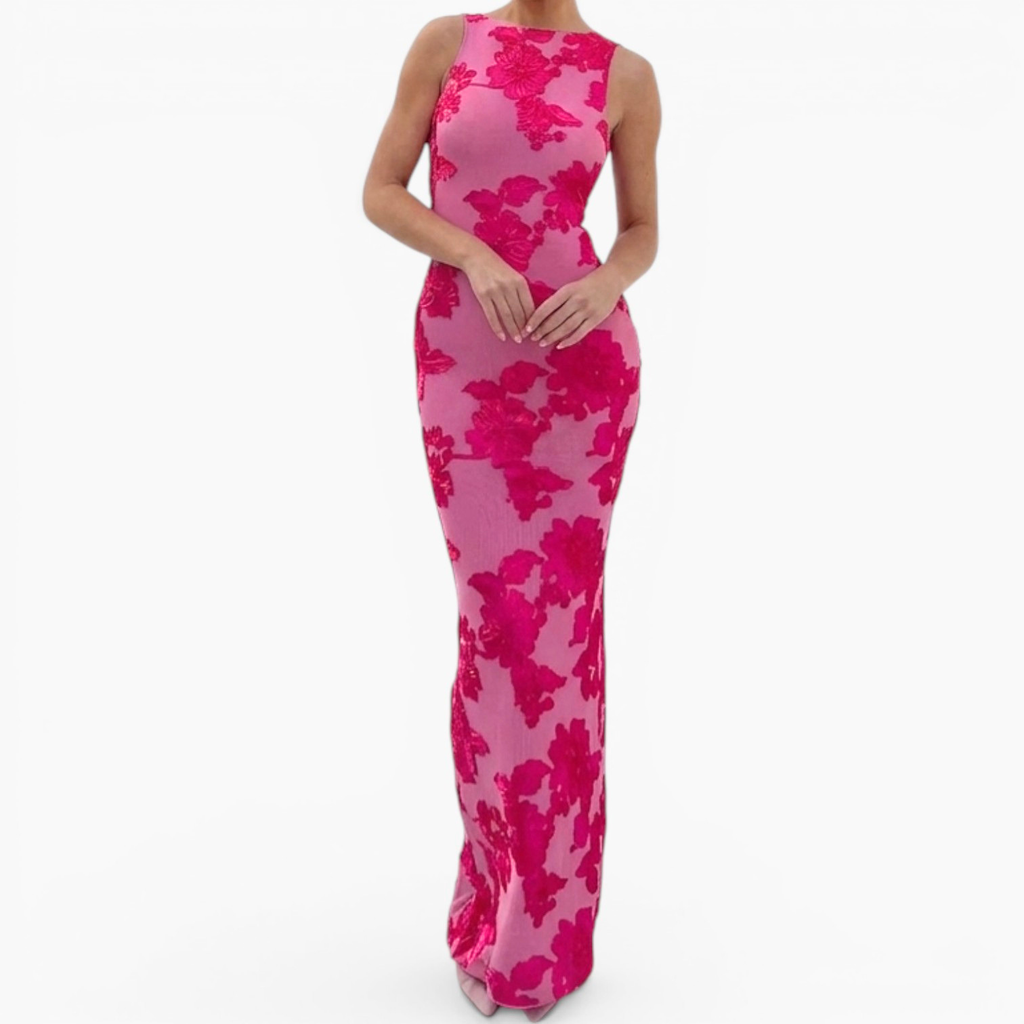 Monvaline | Women’s Sleeveless Evening Maxi Dress Slim Fit Embroidered Stretch