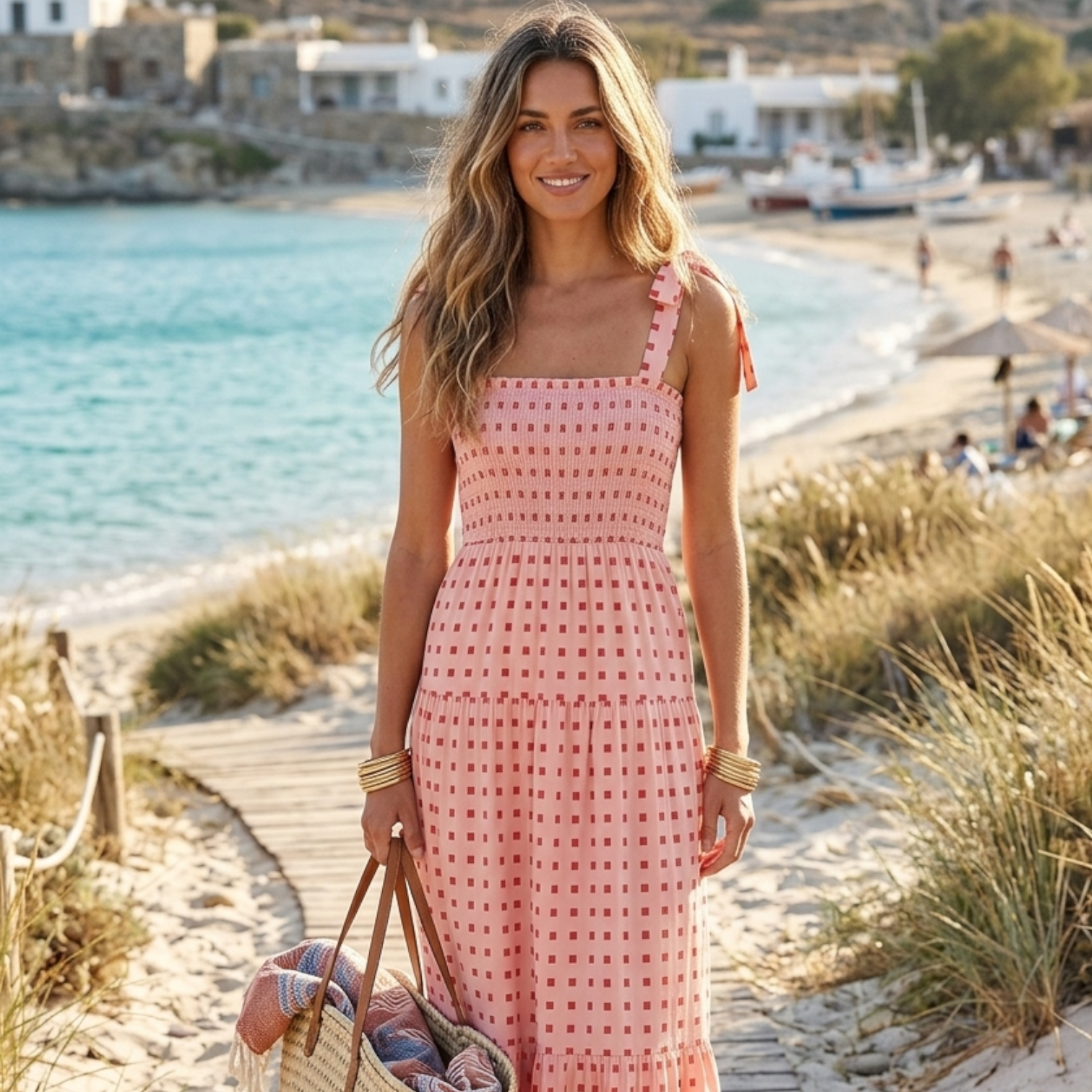 Monvaline | Women's Smocked Tie Strap Maxi Dress – Elegant Summer Holiday Style