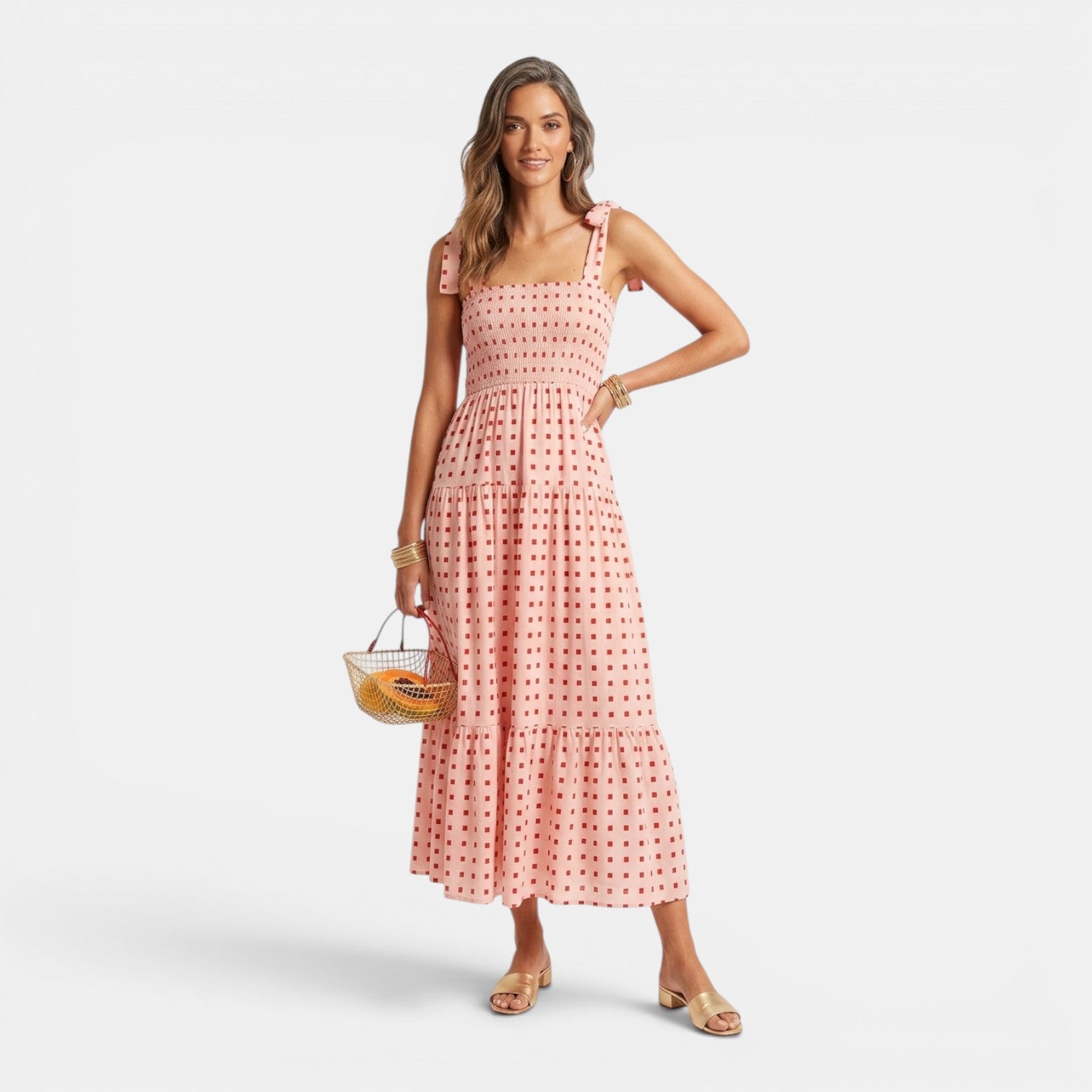 Monvaline | Women's Smocked Tie Strap Maxi Dress – Elegant Summer Holiday Style