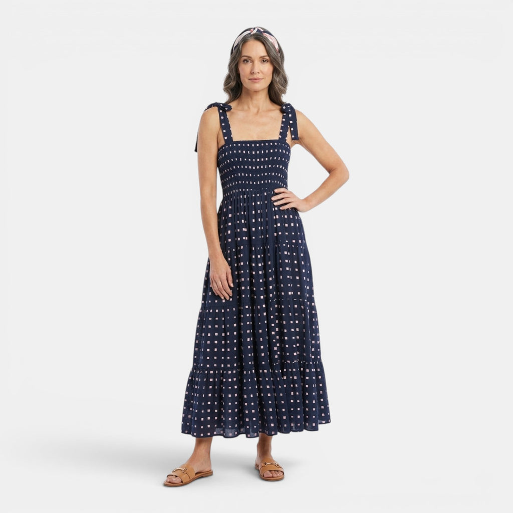 Monvaline | Women's Smocked Tie Strap Maxi Dress – Elegant Summer Holiday Style