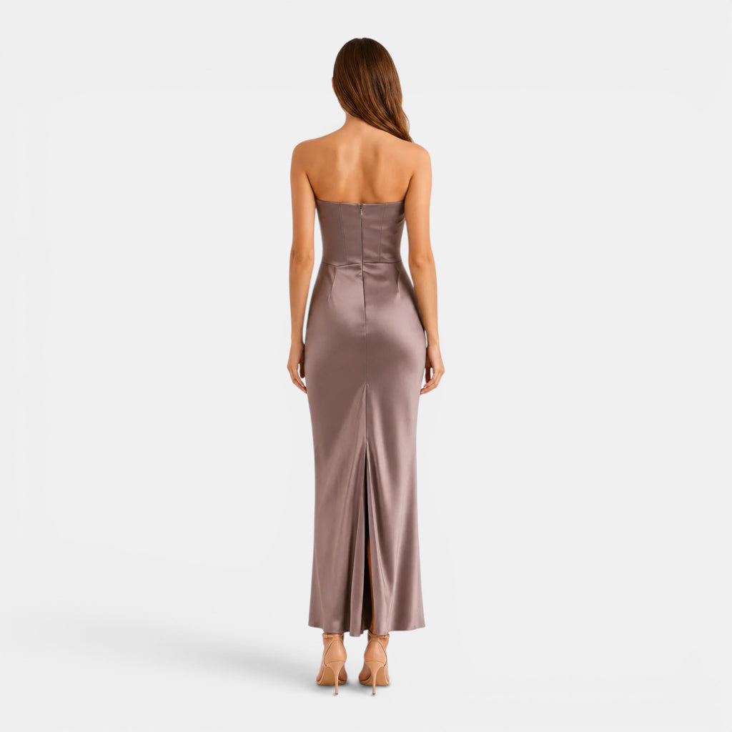 Monvaline | Women's Strapless Maxi Dress Elegant Draped Waist Formal Fit