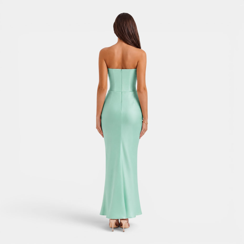Monvaline | Women's Strapless Maxi Dress Elegant Draped Waist Formal Fit