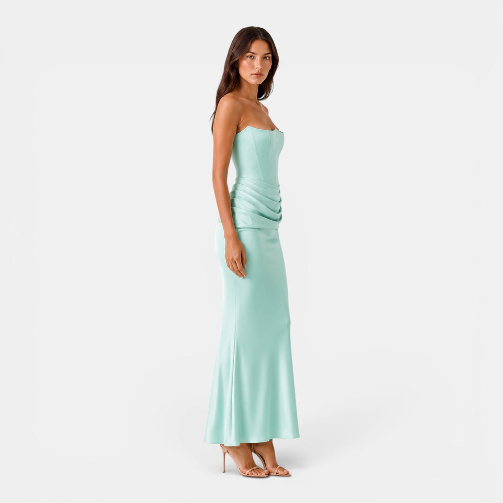 Monvaline | Women's Strapless Maxi Dress Elegant Draped Waist Formal Fit