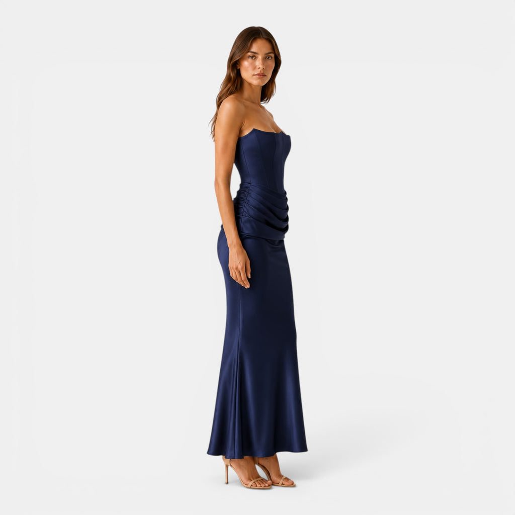 Monvaline | Women's Strapless Maxi Dress Elegant Draped Waist Formal Fit
