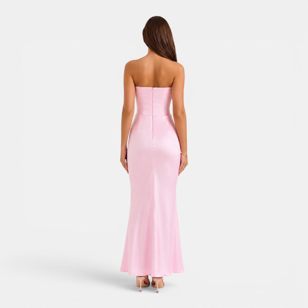 Monvaline | Women's Strapless Maxi Dress Elegant Draped Waist Formal Fit