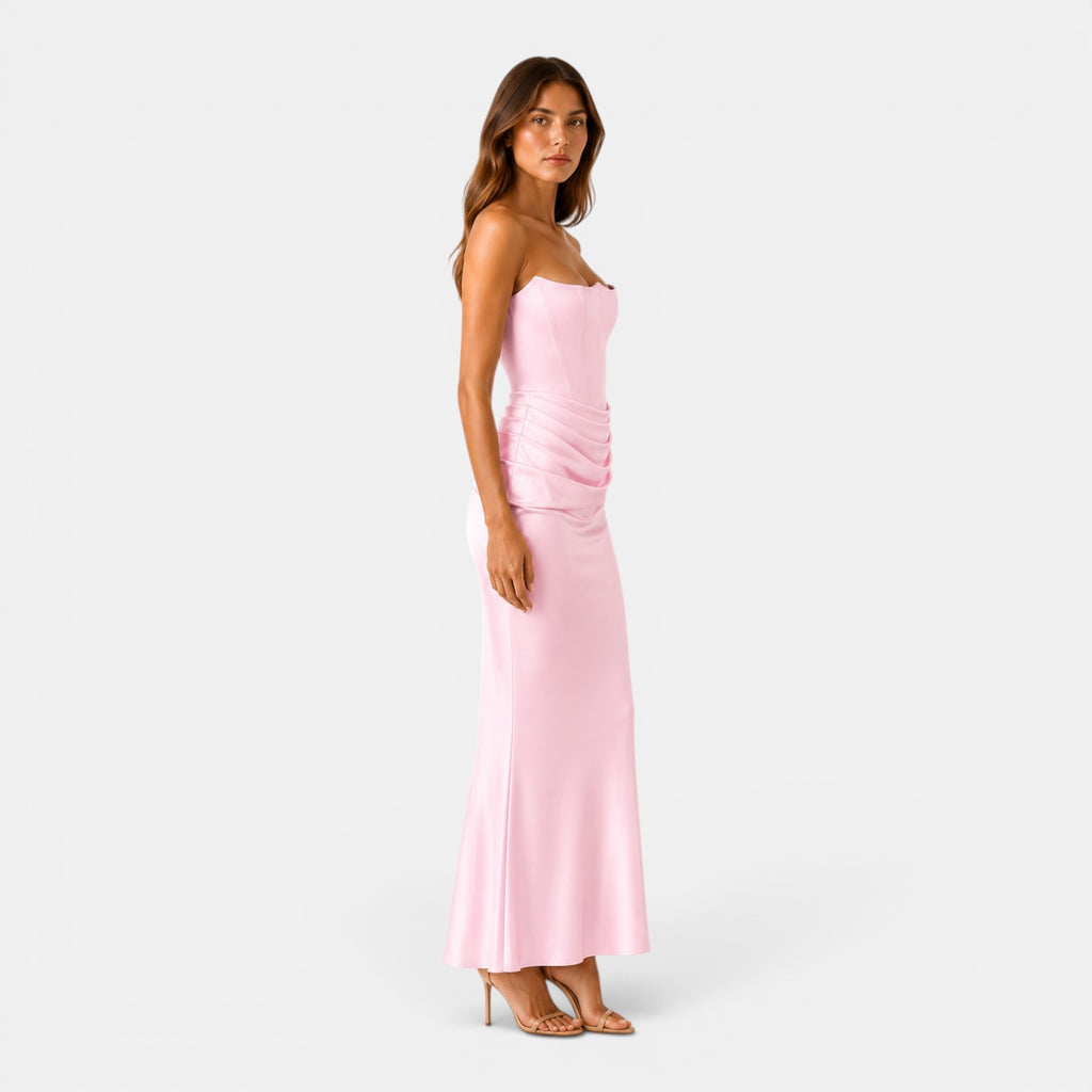 Monvaline | Women's Strapless Maxi Dress Elegant Draped Waist Formal Fit