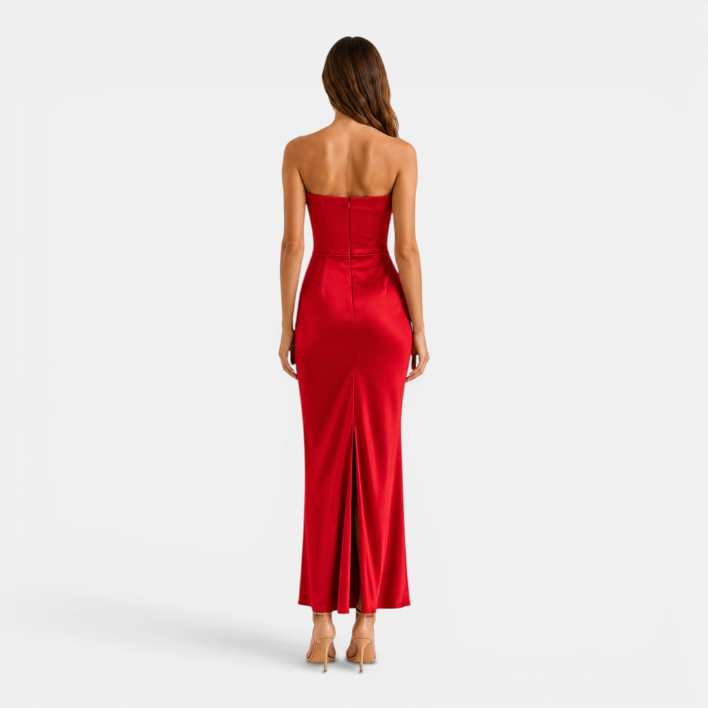 Monvaline | Women's Strapless Maxi Dress Elegant Draped Waist Formal Fit