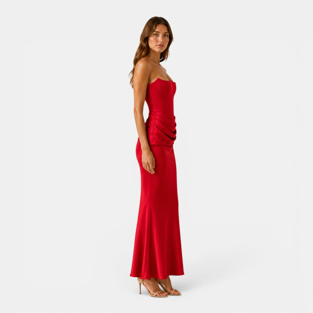 Monvaline | Women's Strapless Maxi Dress Elegant Draped Waist Formal Fit
