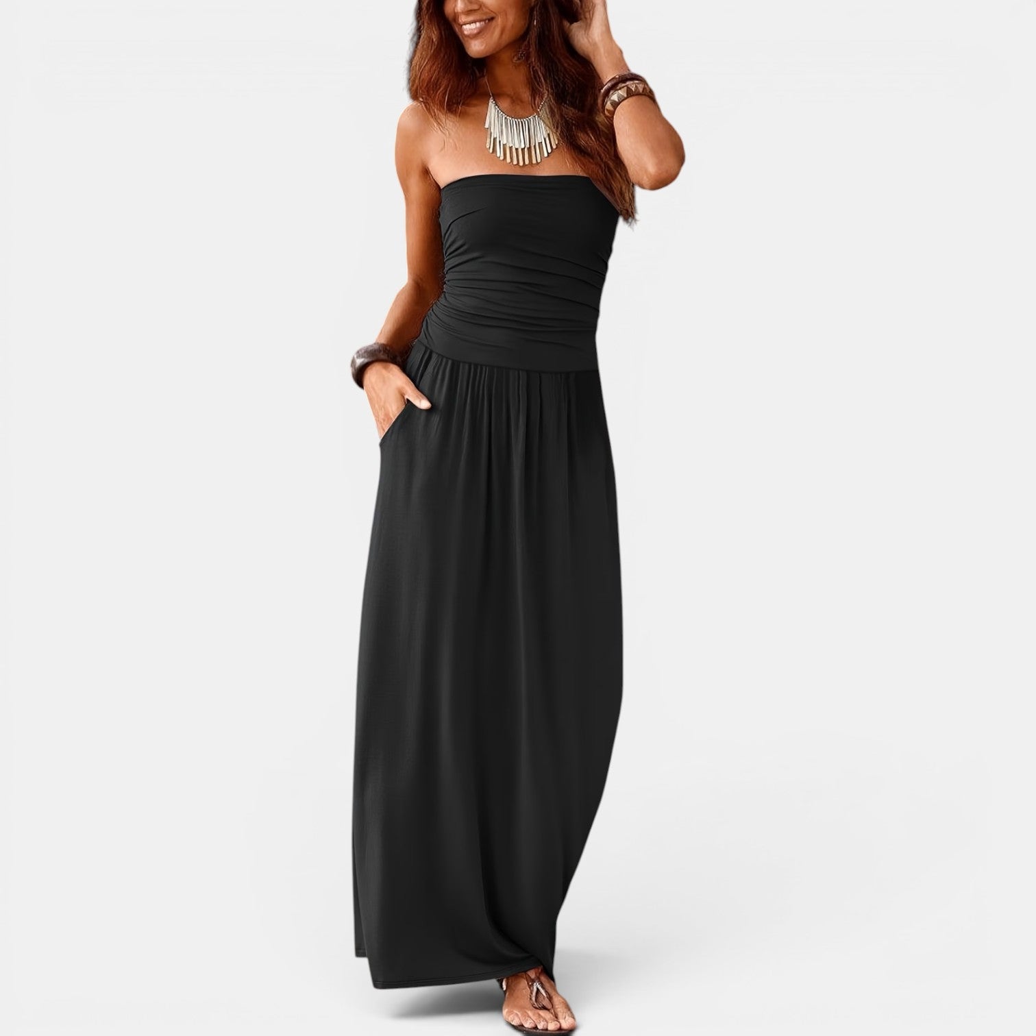 Monvaline | Women’s Strapless Midi Dress with Pockets for Summer Events