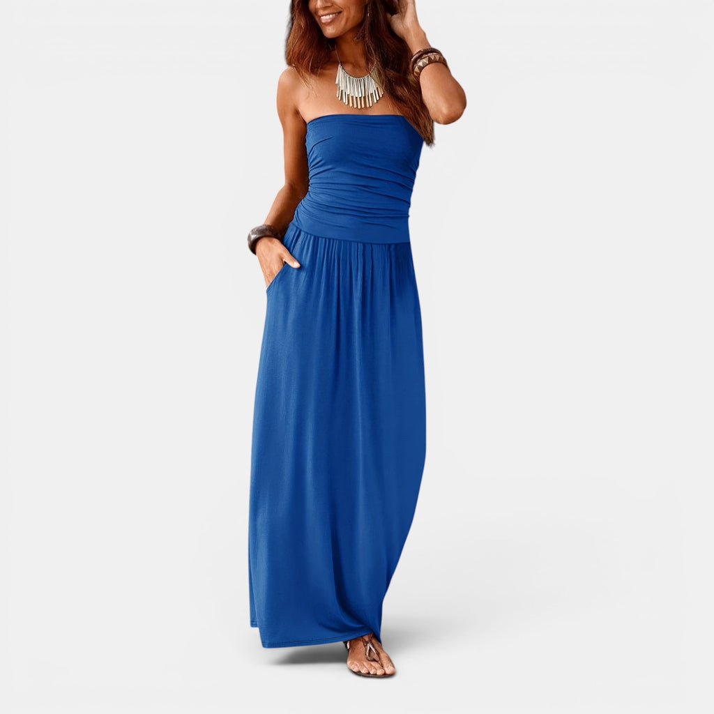Monvaline | Women’s Strapless Midi Dress with Pockets for Summer Events