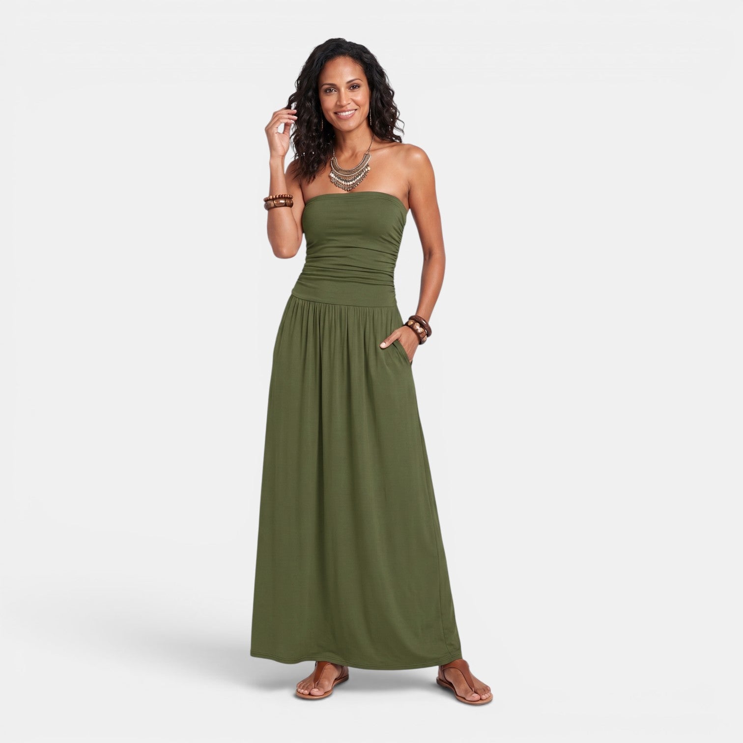 Monvaline | Women’s Strapless Midi Dress with Pockets for Summer Events