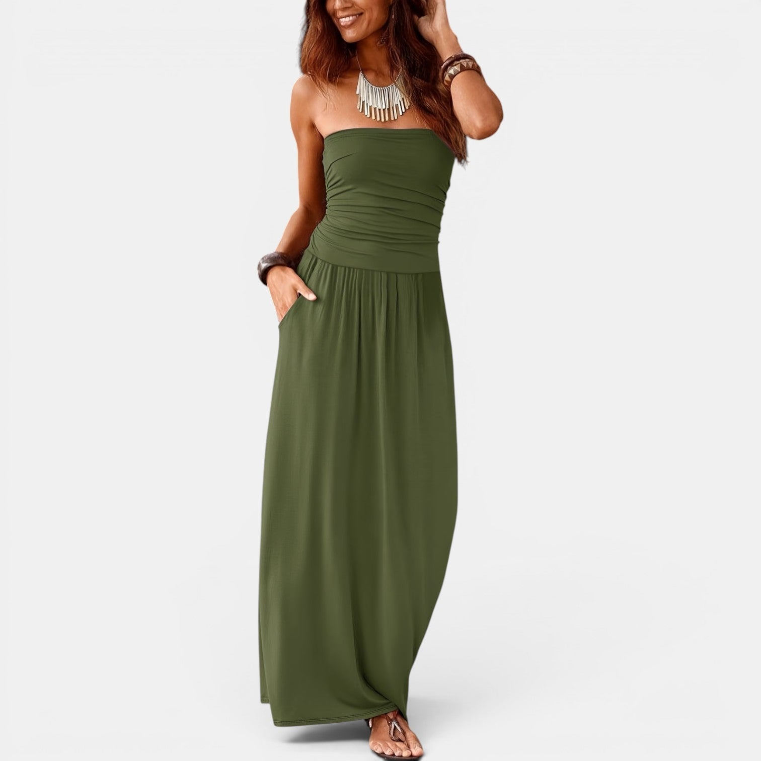 Monvaline | Women’s Strapless Midi Dress with Pockets for Summer Events