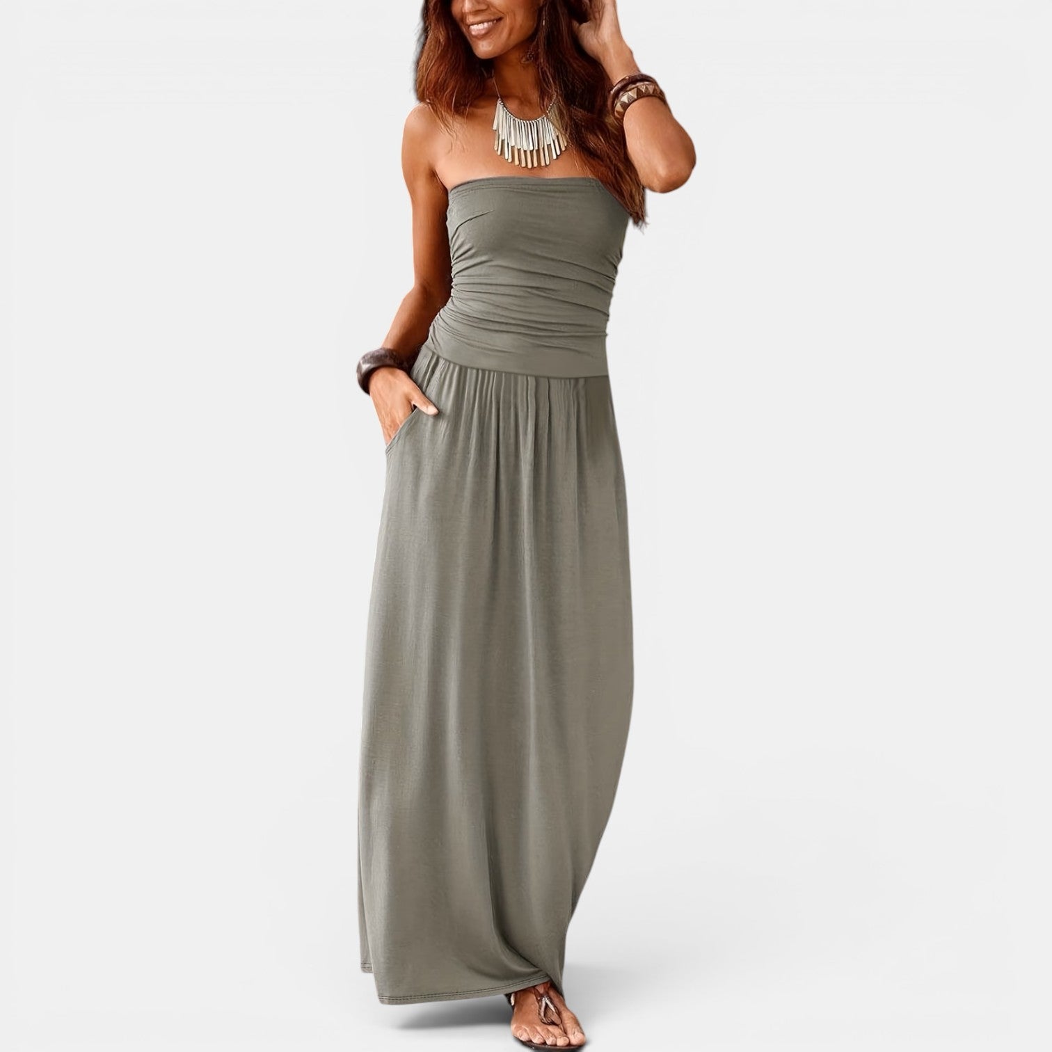 Monvaline | Women’s Strapless Midi Dress with Pockets for Summer Events