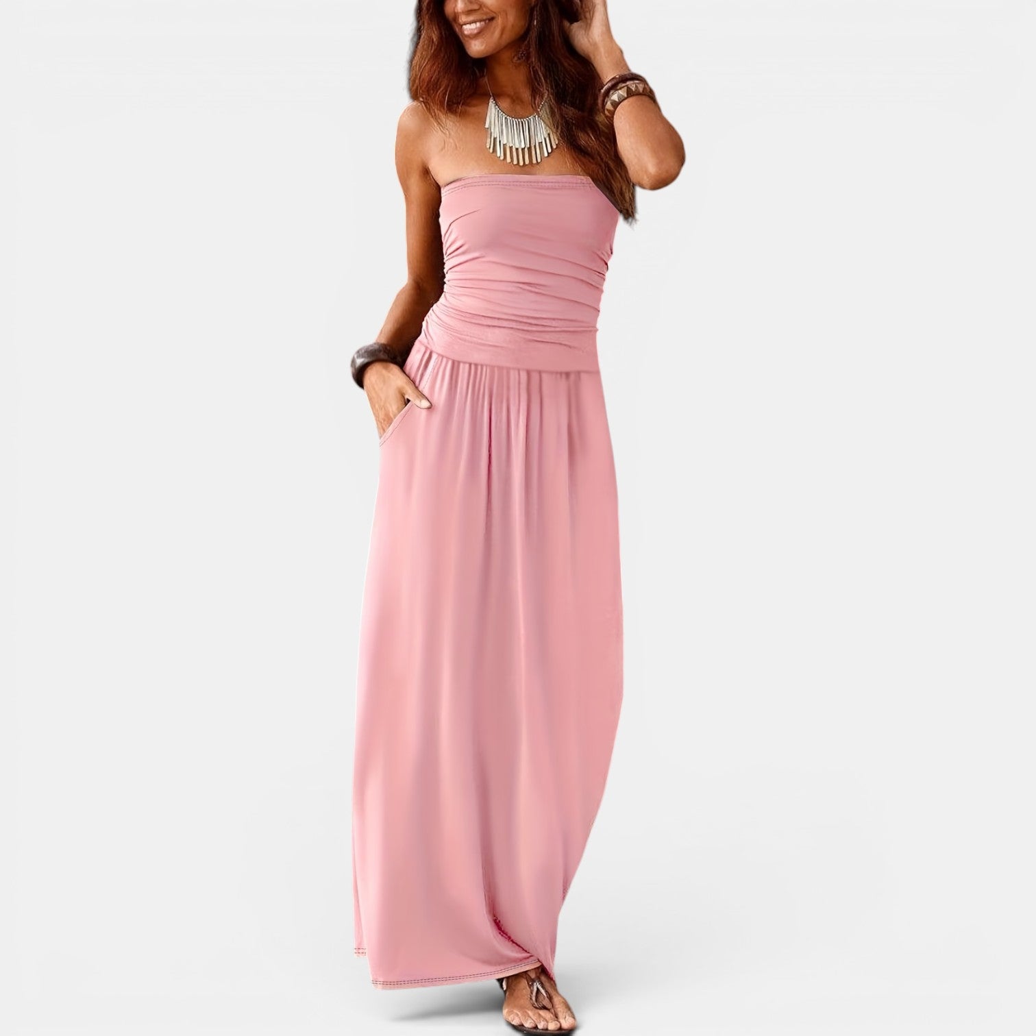 Monvaline | Women’s Strapless Midi Dress with Pockets for Summer Events
