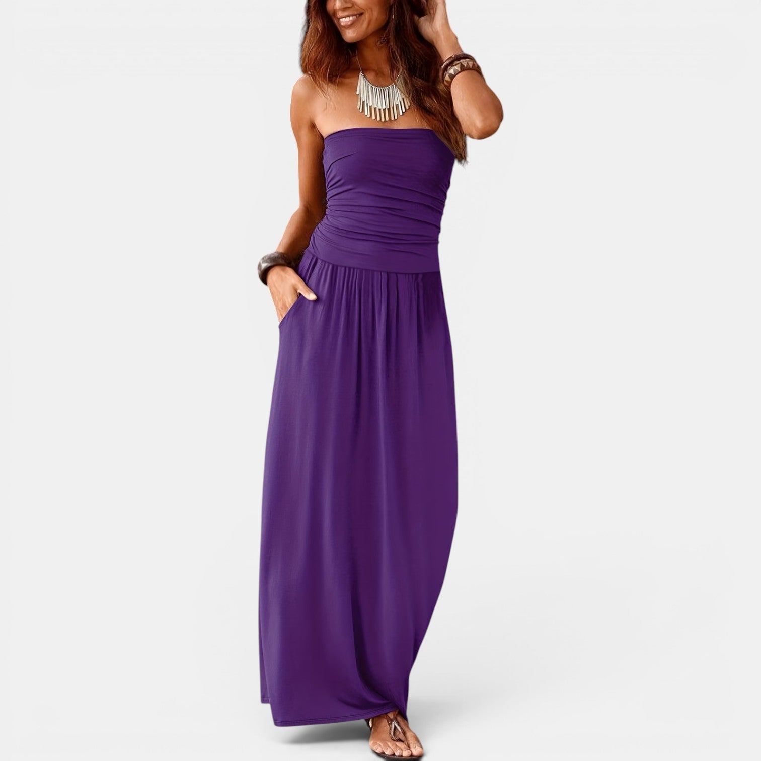 Monvaline | Women’s Strapless Midi Dress with Pockets for Summer Events