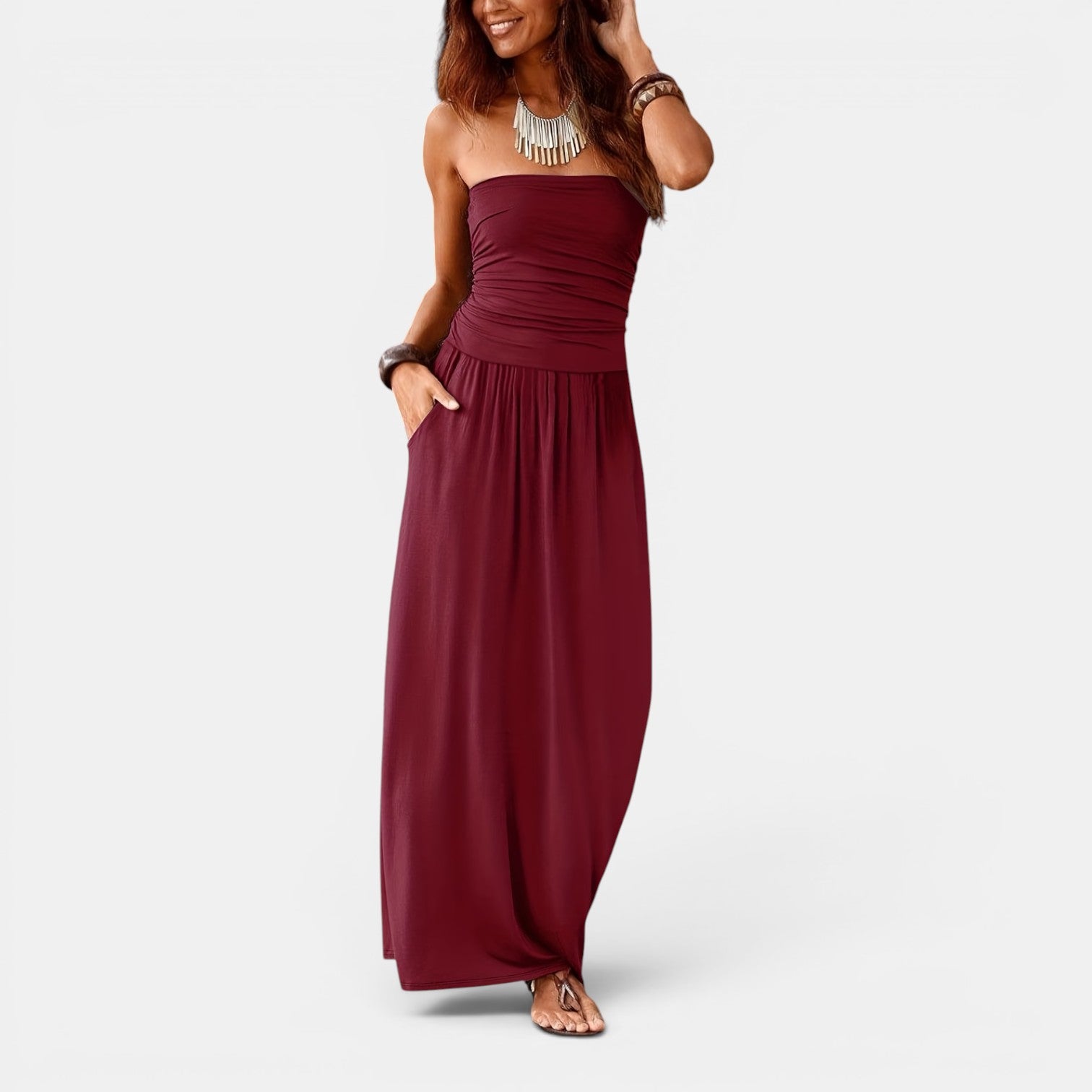 Monvaline | Women’s Strapless Midi Dress with Pockets for Summer Events