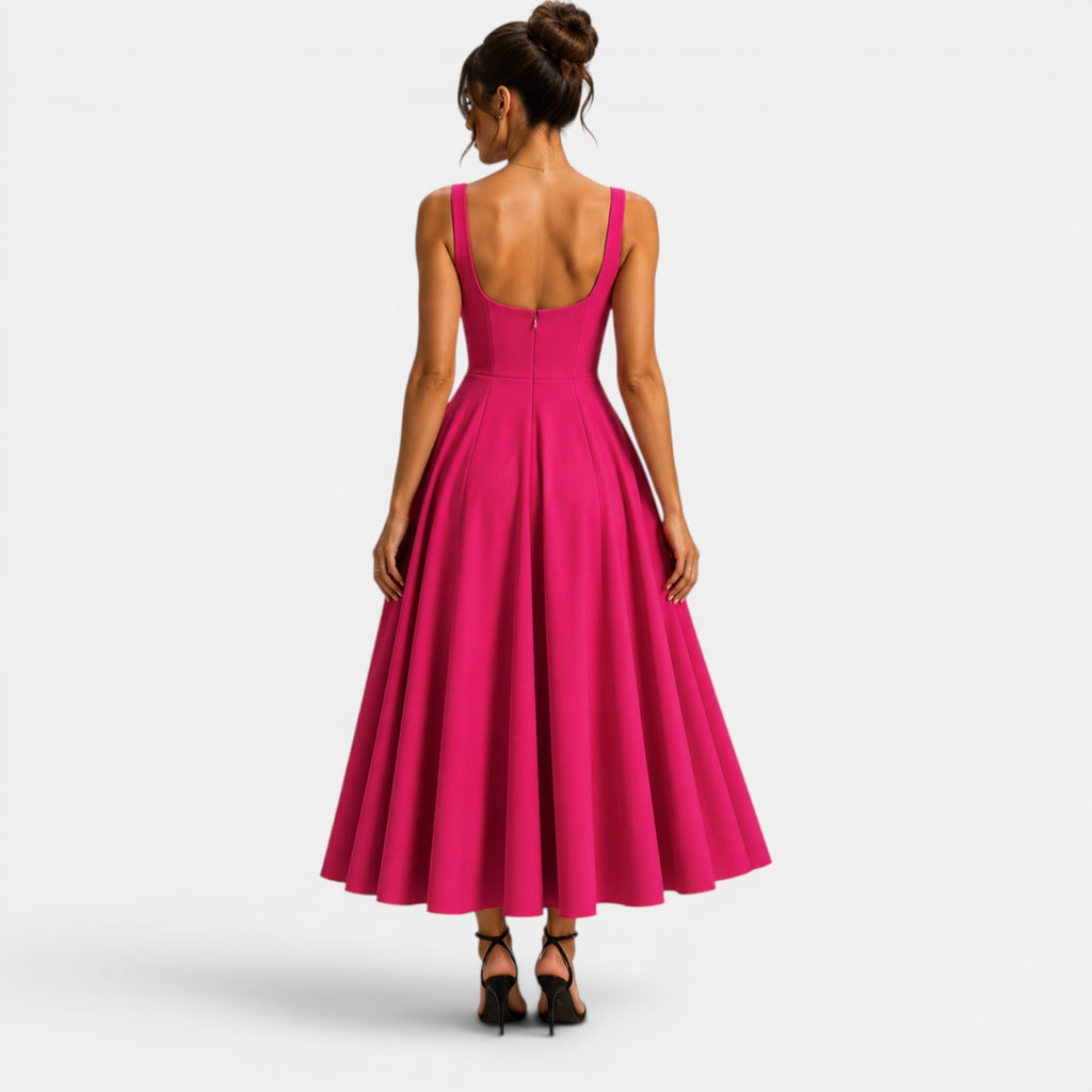 Monvaline | Women's Strappy Midi Dress with Volume Hem – Elegant Summer Dress