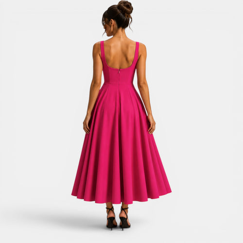 Monvaline | Women's Strappy Midi Dress with Volume Hem – Elegant Summer Dress