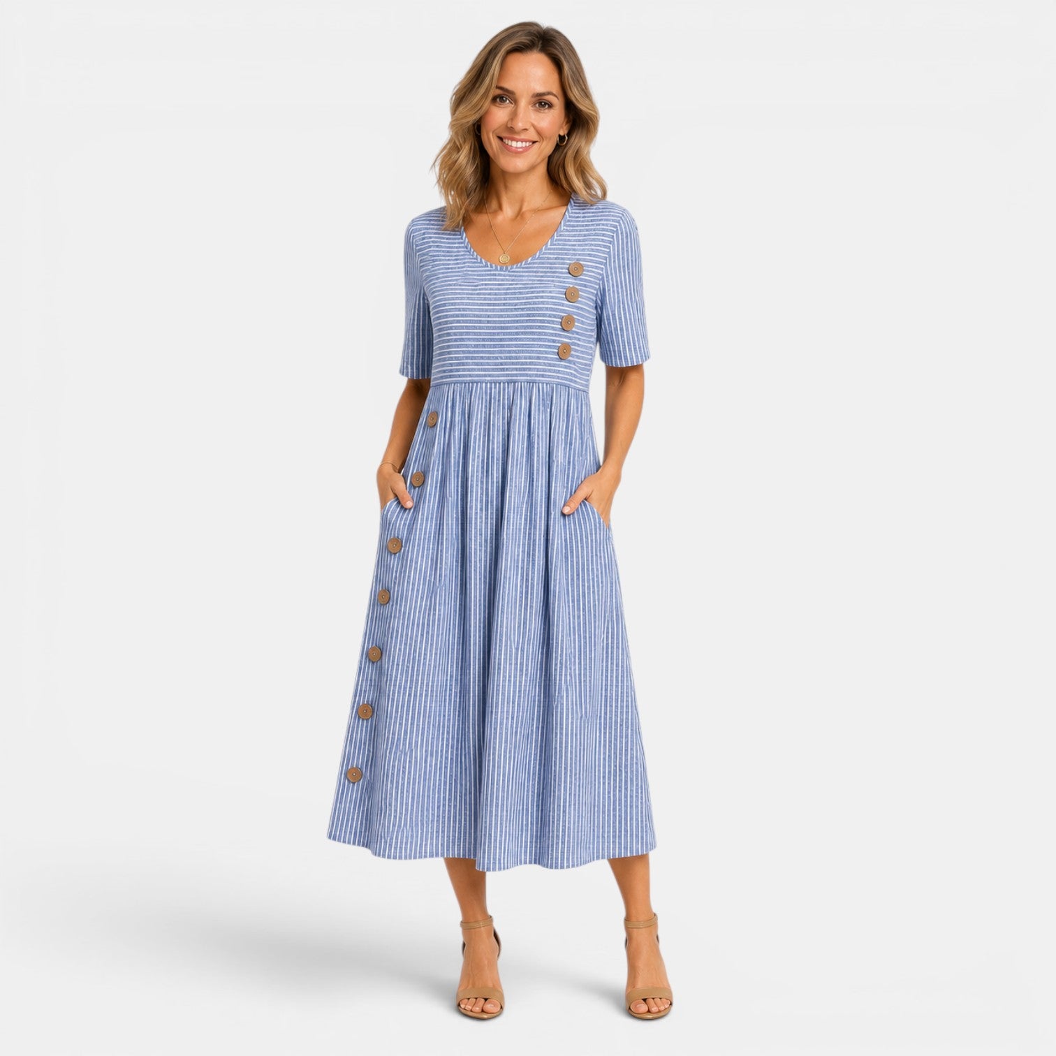Monvaline | Women’s Striped Midi Dress – Elegant Relaxed Summer Fit