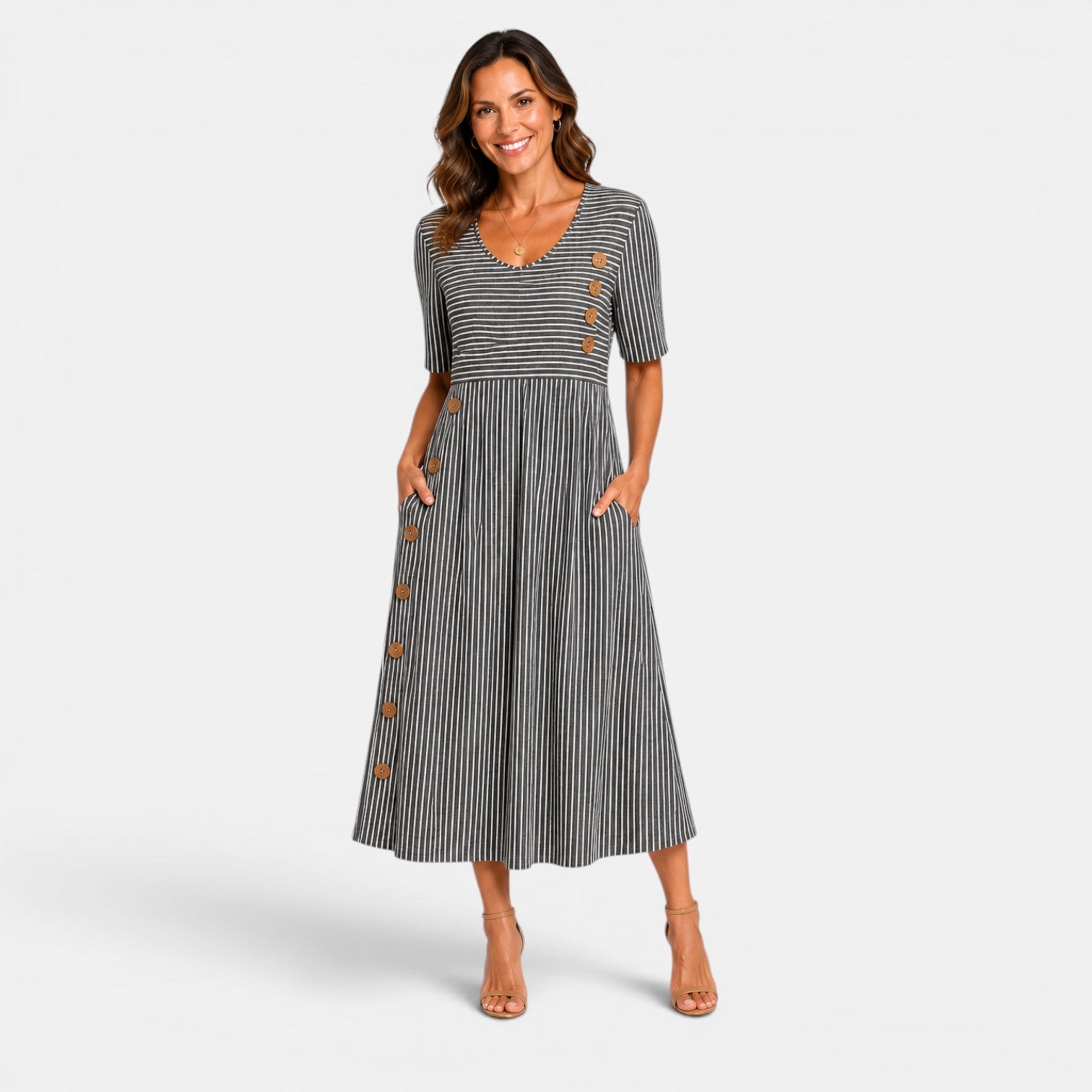 Monvaline | Women’s Striped Midi Dress – Elegant Relaxed Summer Fit