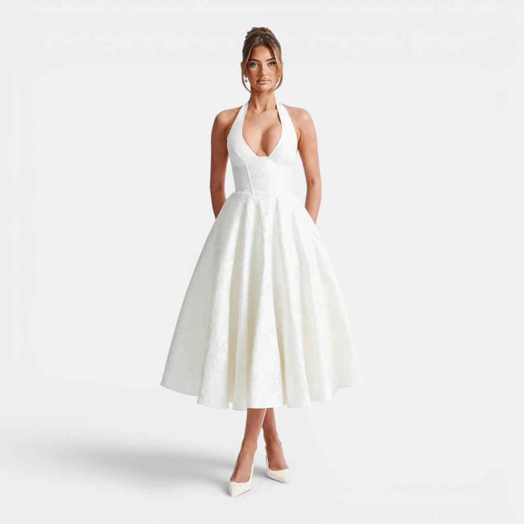 Monvaline | Women's Wedding Guest Jacquard Midi Dress Halter Neck V-Neck