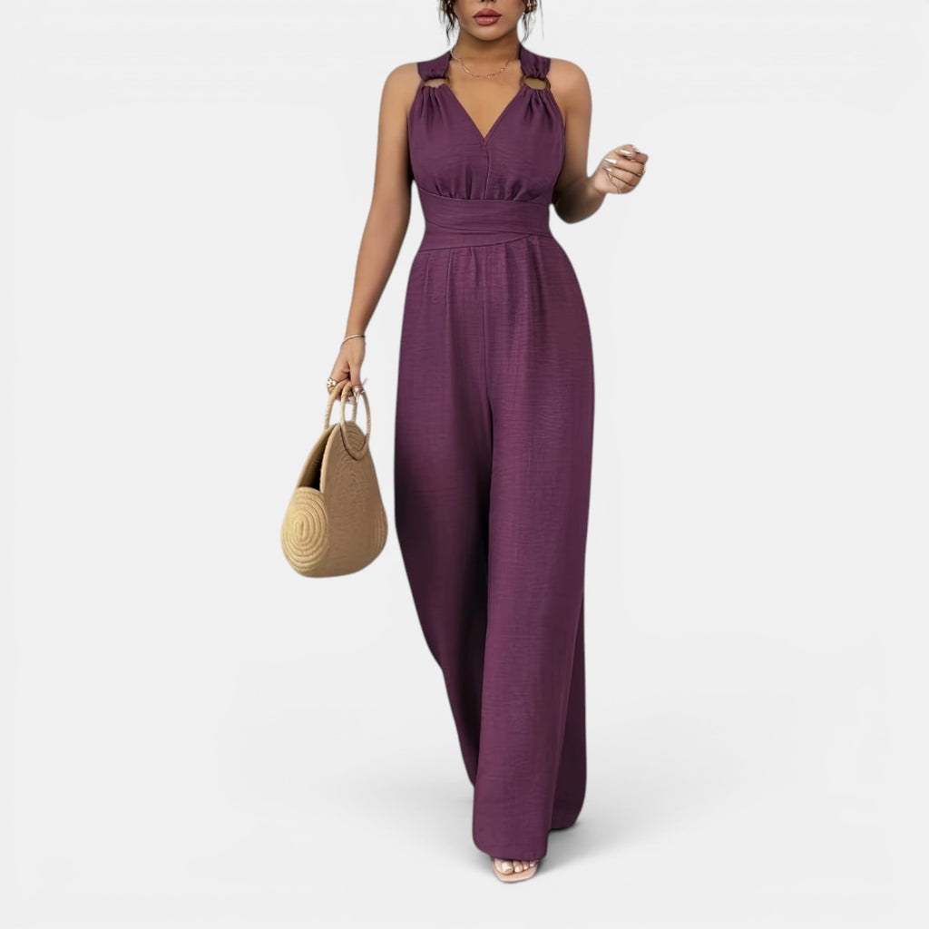 Monvaline | Women’s V-Neck Crisscross Tie Jumpsuit