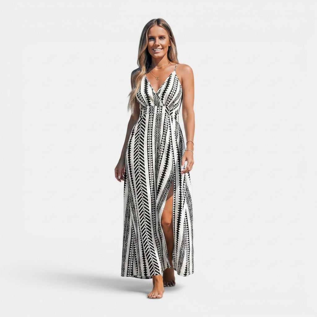 Monvaline | Women's Geometric Maxi Dress Sleeveless Relaxed Fit Summer