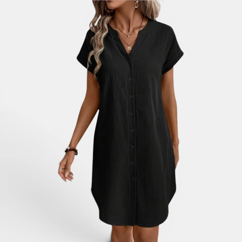 Monvaline | Women’s Loose Fit Summer Dress V-Neck Button Midi