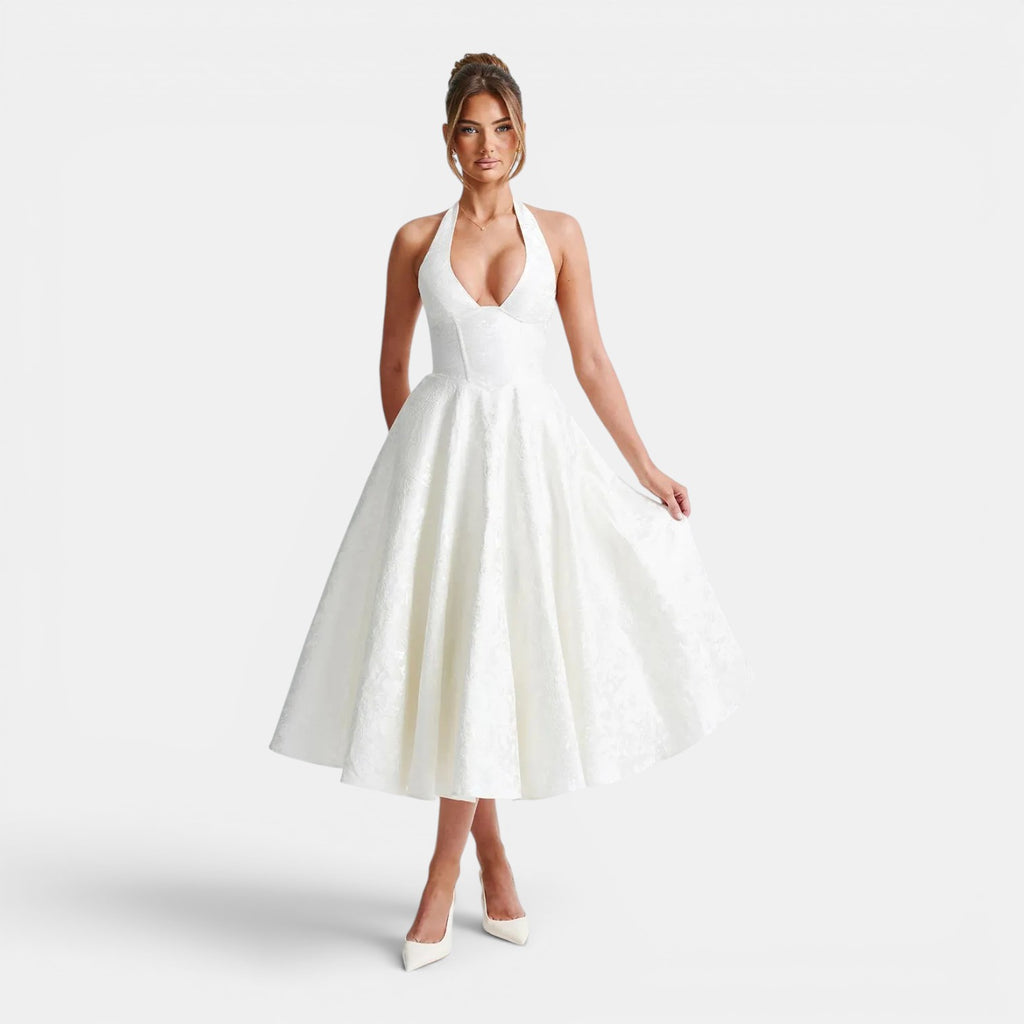 Monvaline | Women's Wedding Guest Jacquard Midi Dress Halter Neck V-Neck