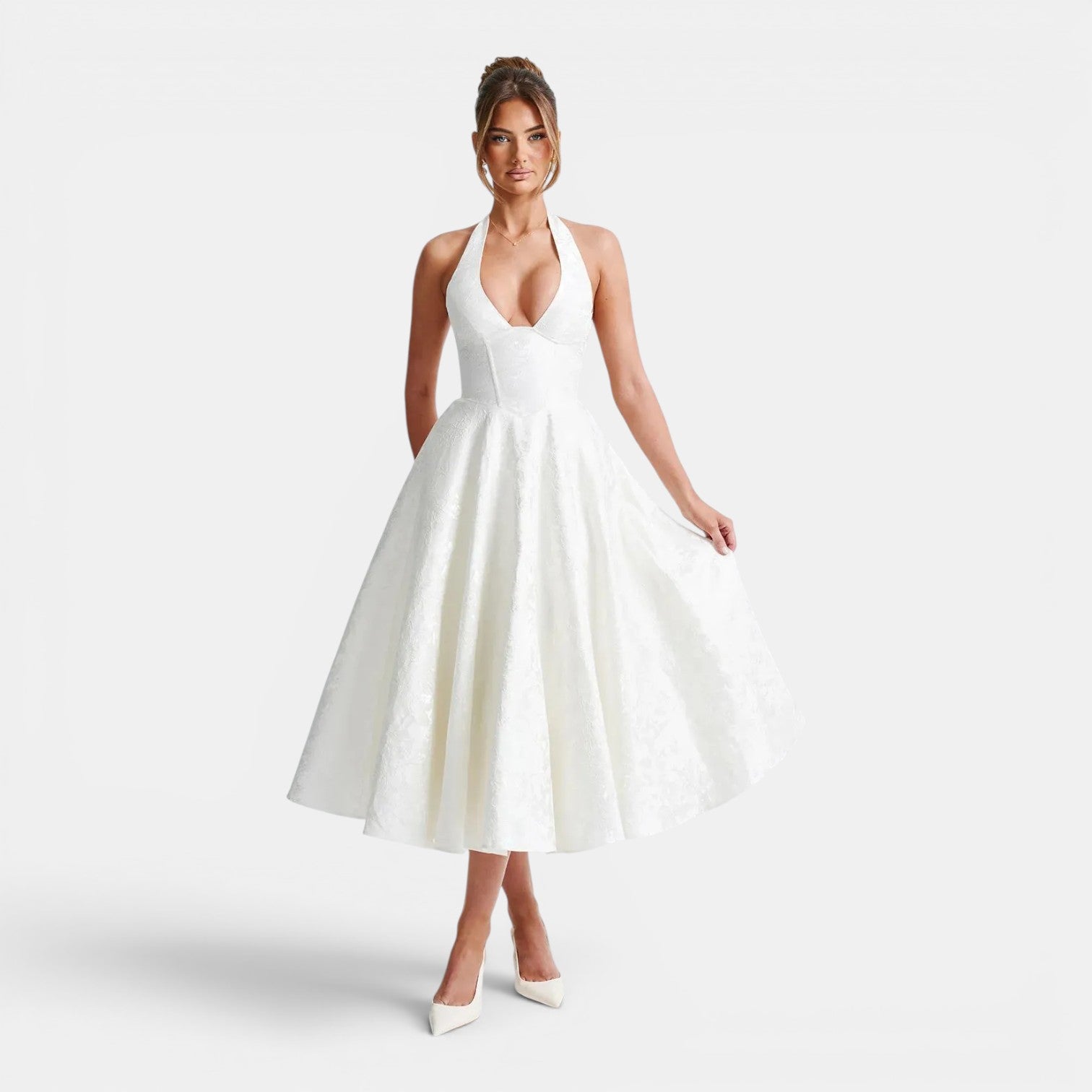 Monvaline | Women's Wedding Guest Jacquard Midi Dress Halter Neck V-Neck