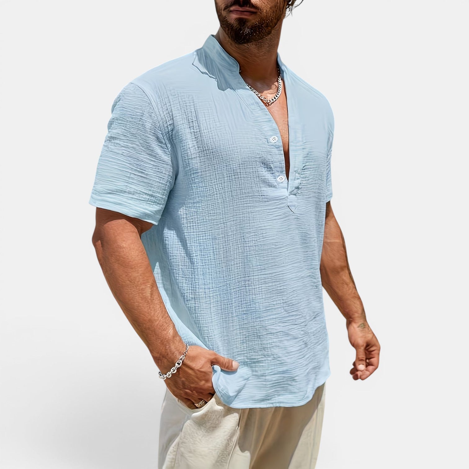 Monvaline | Men’s Lightweight Summer Shirt – Textured Stand Collar