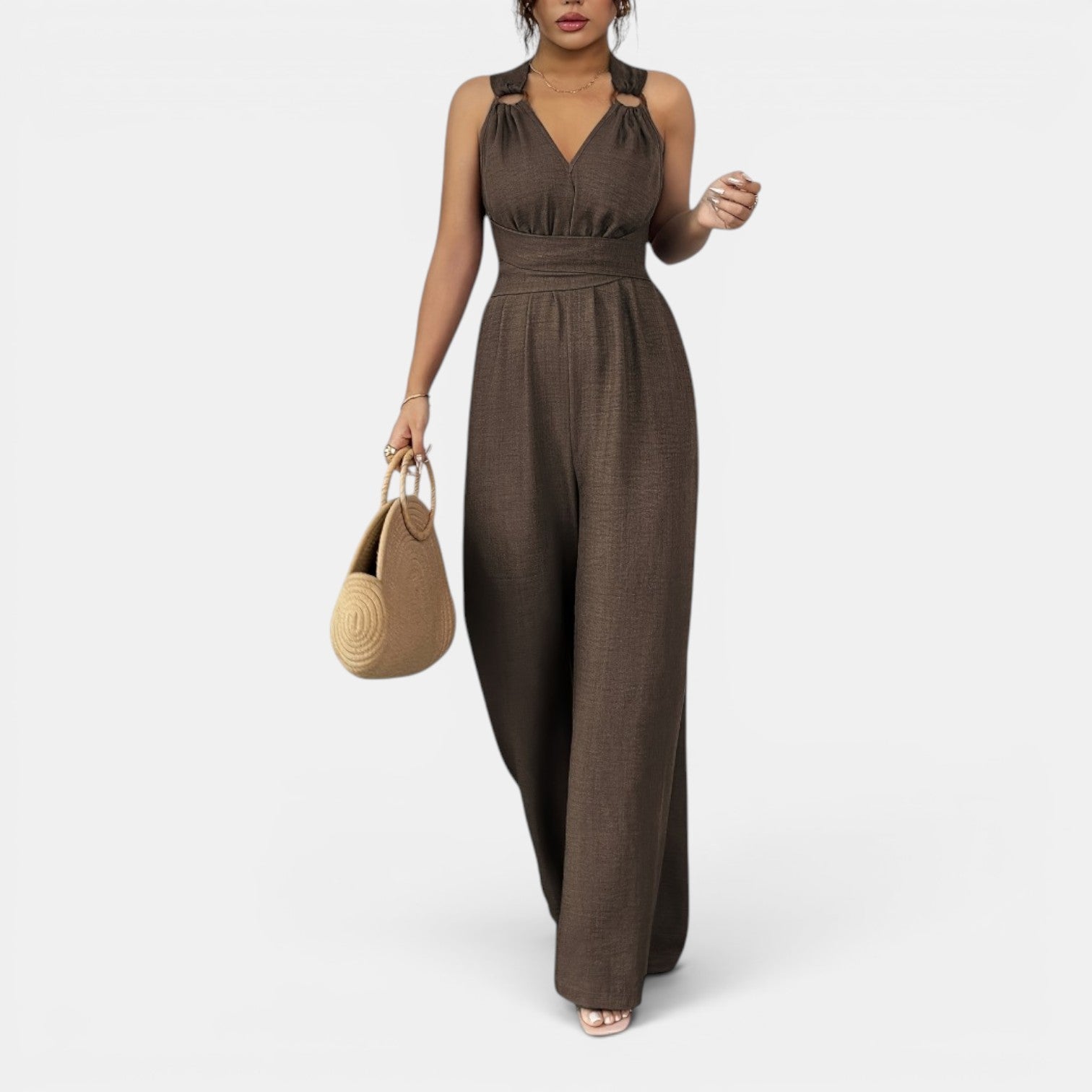 Monvaline | Women’s V-Neck Crisscross Tie Jumpsuit