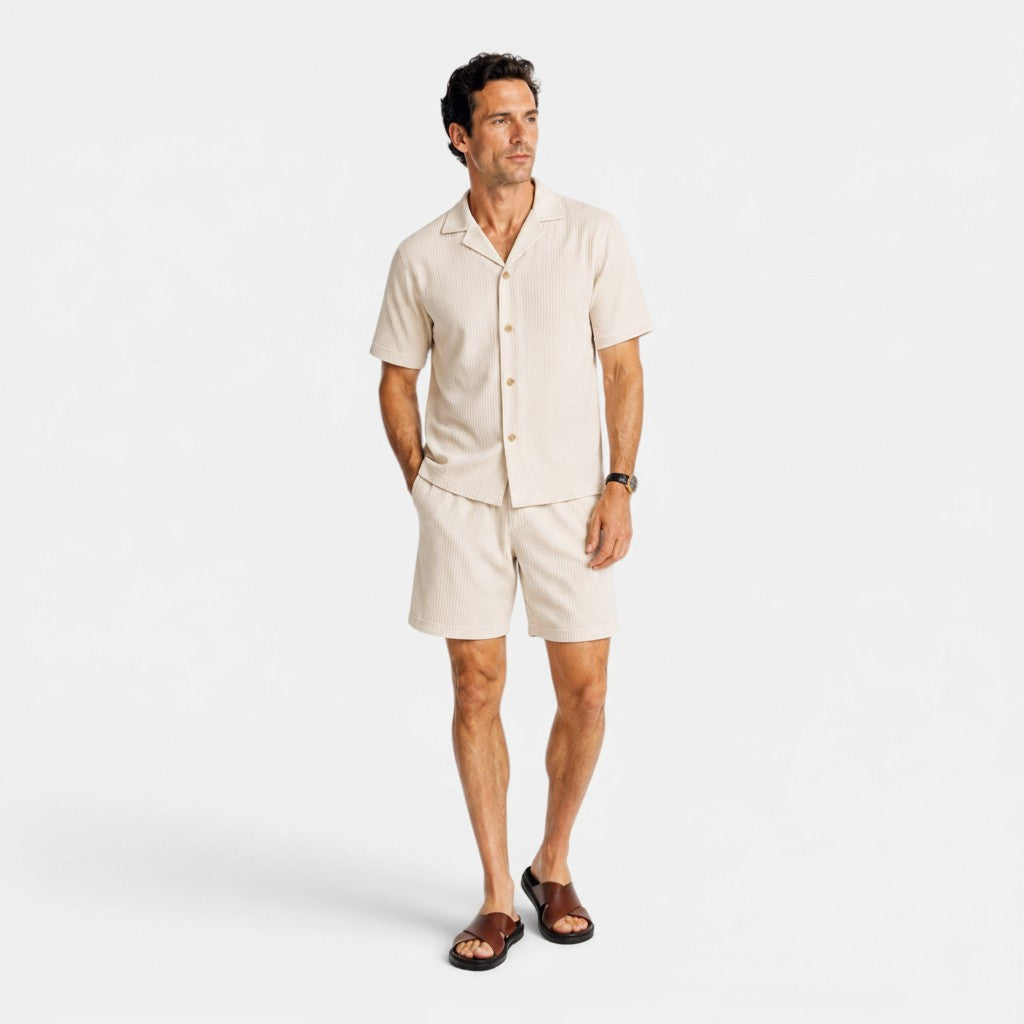 Monvaline | Men's Corduroy Polo Shirt & Shorts Set Casual Summer Outfit