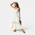 Monvaline | Women's White Rayon Maxi Dress V-Neck Sleeveless Elegant