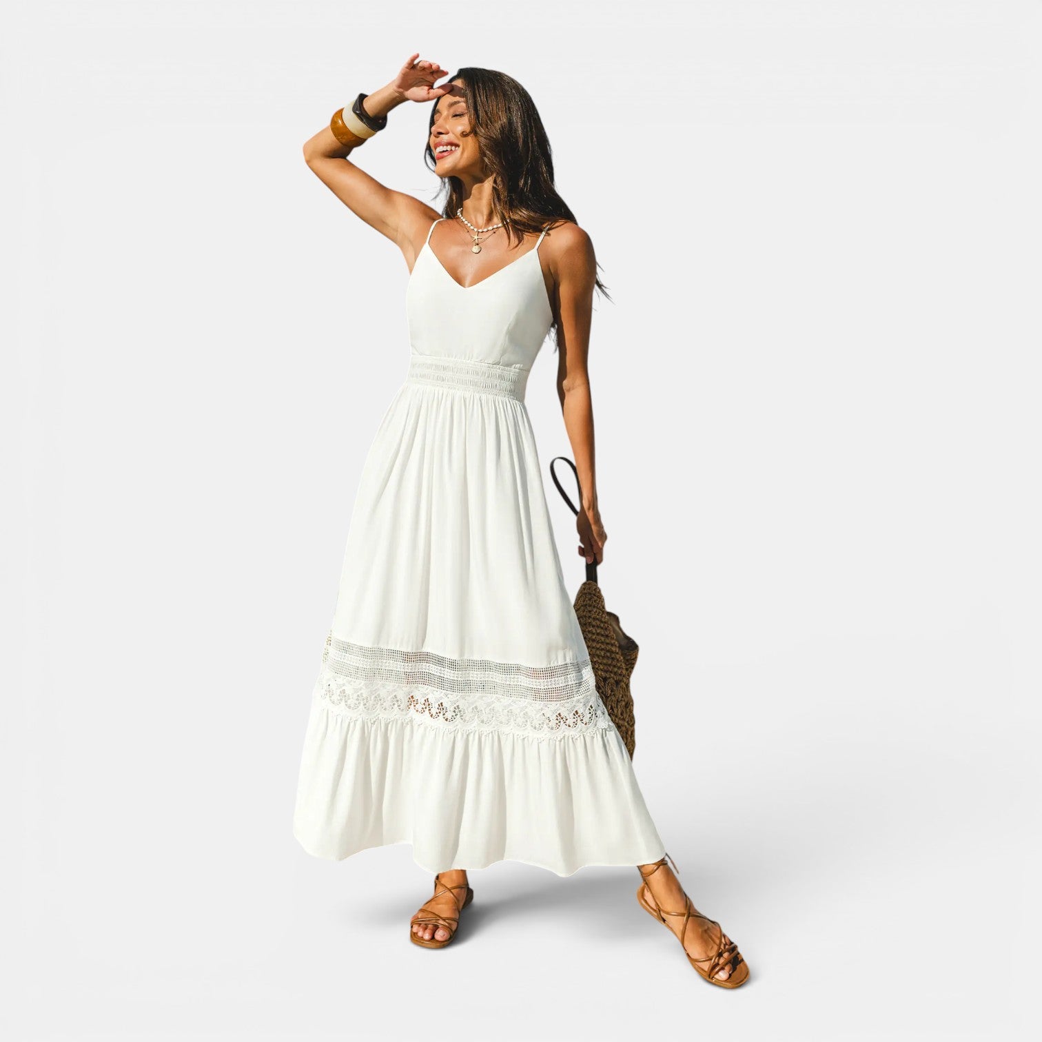 Monvaline | Women's White Rayon Maxi Dress V-Neck Sleeveless Elegant