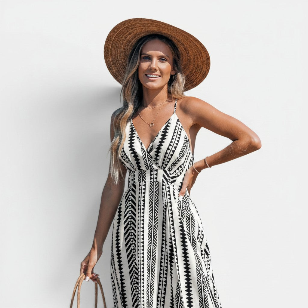 Monvaline | Women's Geometric Maxi Dress Sleeveless Relaxed Fit Summer