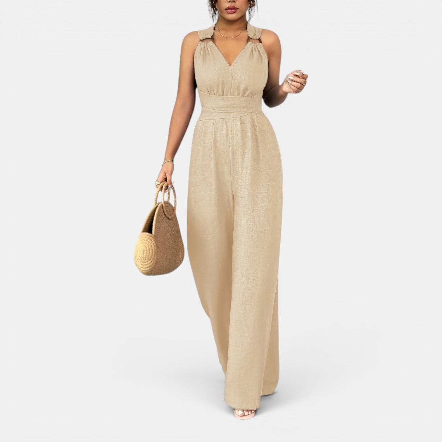 Monvaline | Women’s V-Neck Crisscross Tie Jumpsuit
