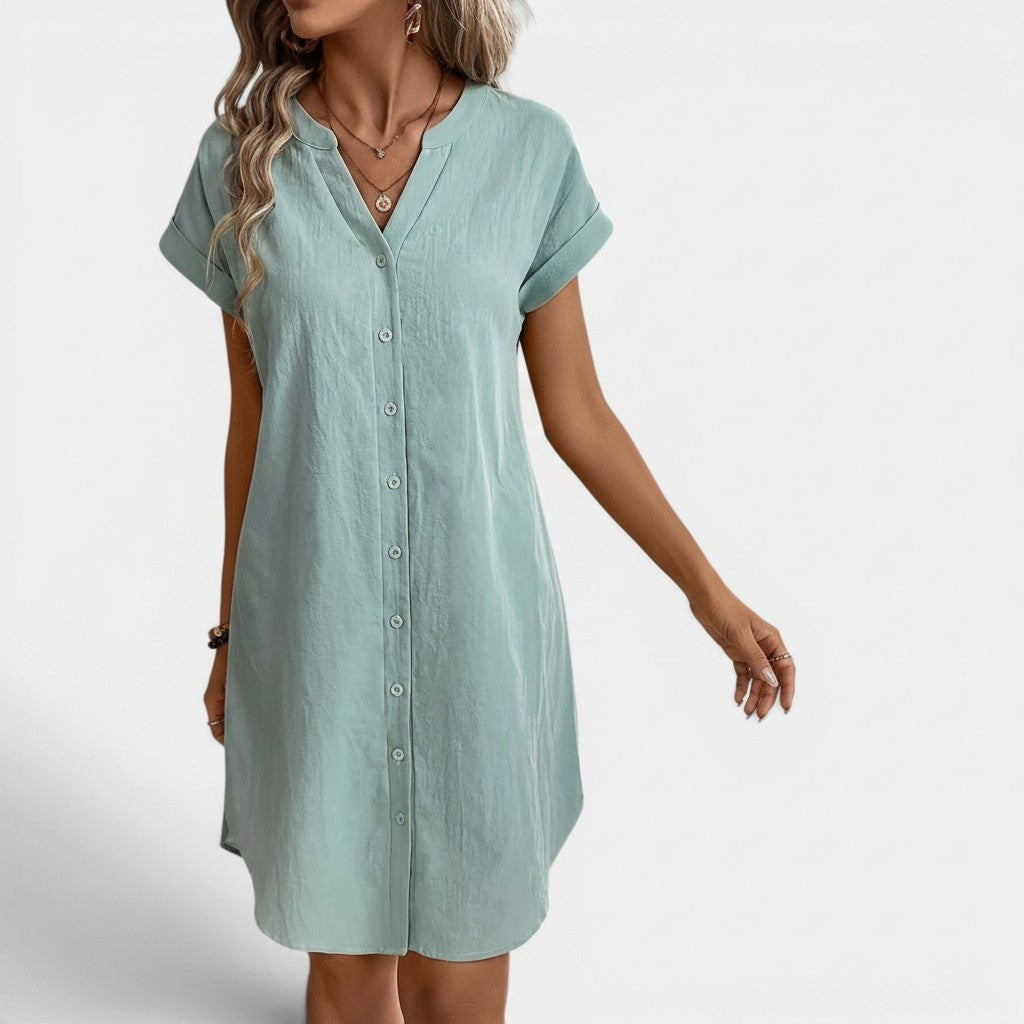Monvaline | Women’s Loose Fit Summer Dress V-Neck Button Midi