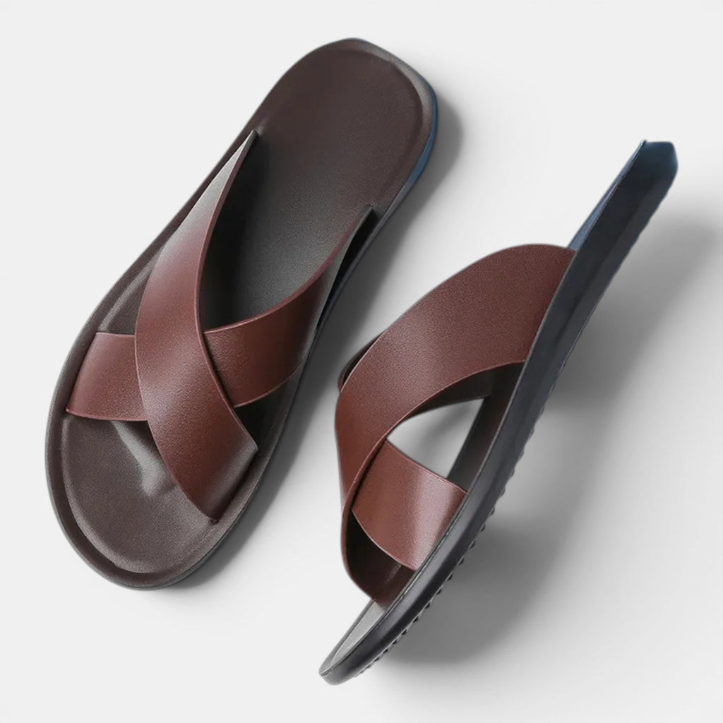 Monvaline | Men's Leather Cross Strap Slide Sandals – Comfort Summer Fit