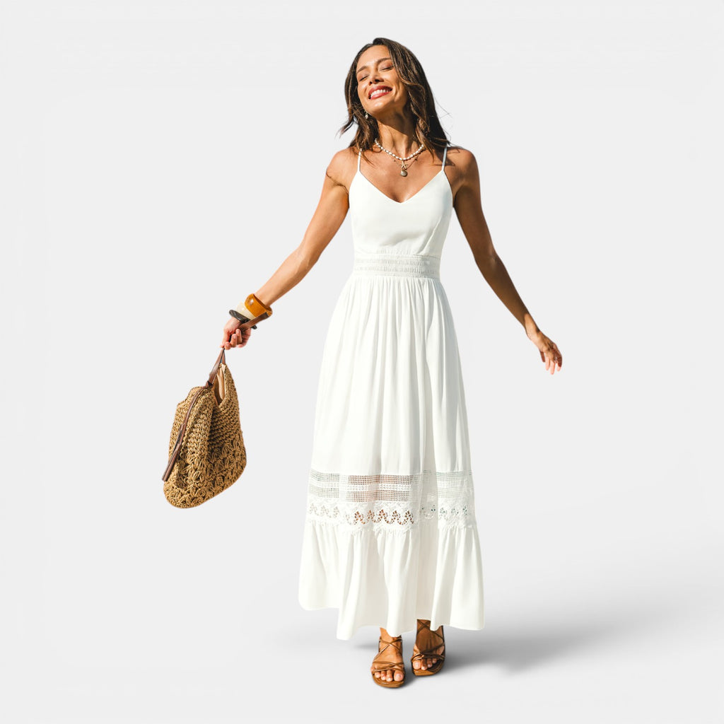 Monvaline | Women's White Rayon Maxi Dress V-Neck Sleeveless Elegant