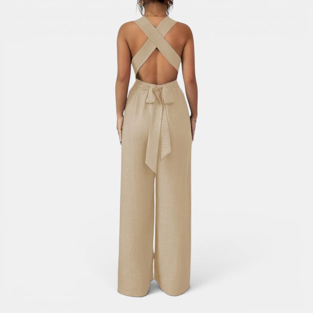Monvaline | Women’s V-Neck Crisscross Tie Jumpsuit