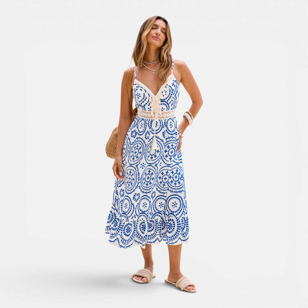 Monvaline | Women's Summer Midi Dress V-Neck Sleeveless Holiday Dress