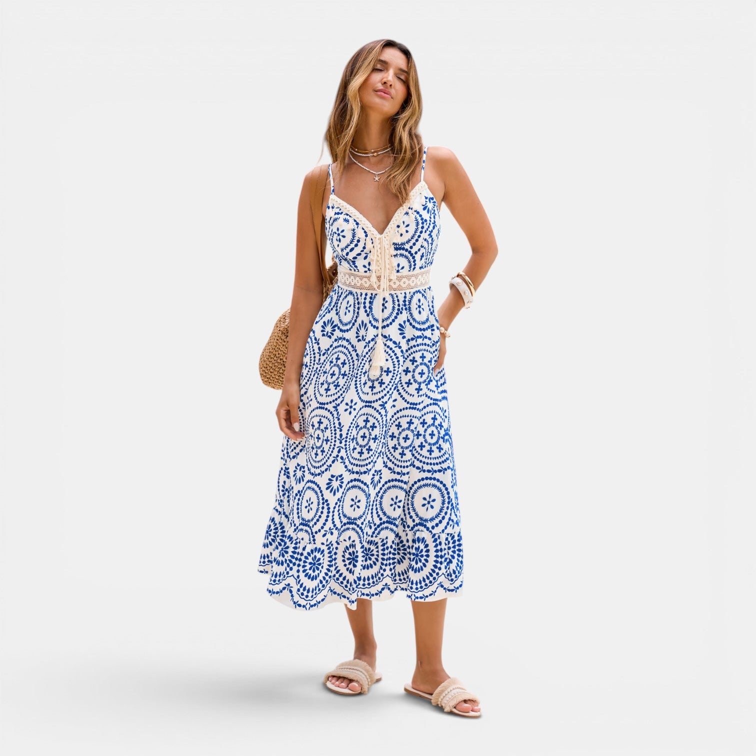 Monvaline | Women's Summer Midi Dress V-Neck Sleeveless Holiday Dress