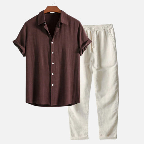 Monvaline | Men’s Linen Blend Set Breathable Comfort Short Sleeve Summer