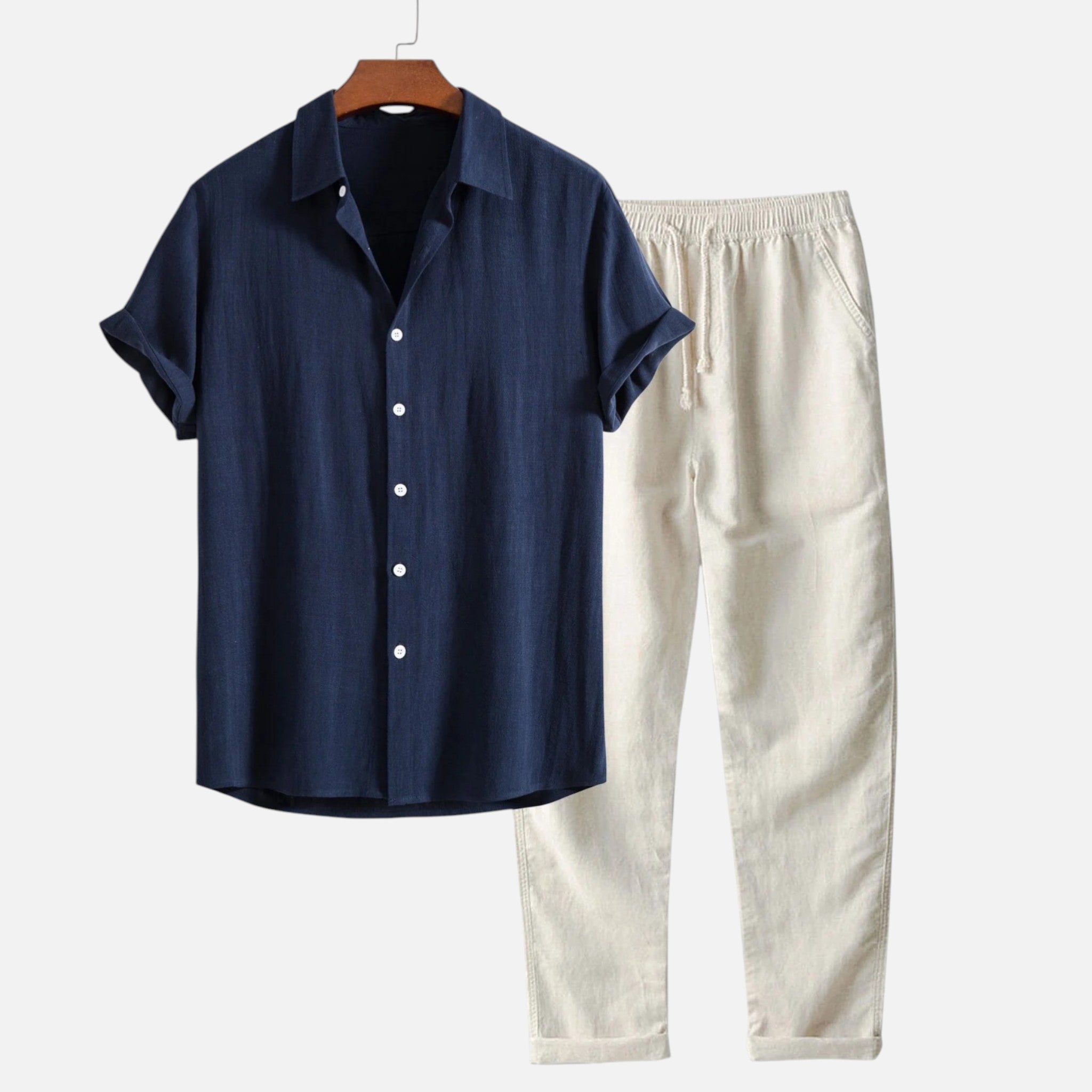 Monvaline | Men’s Linen Blend Set Breathable Comfort Short Sleeve Summer