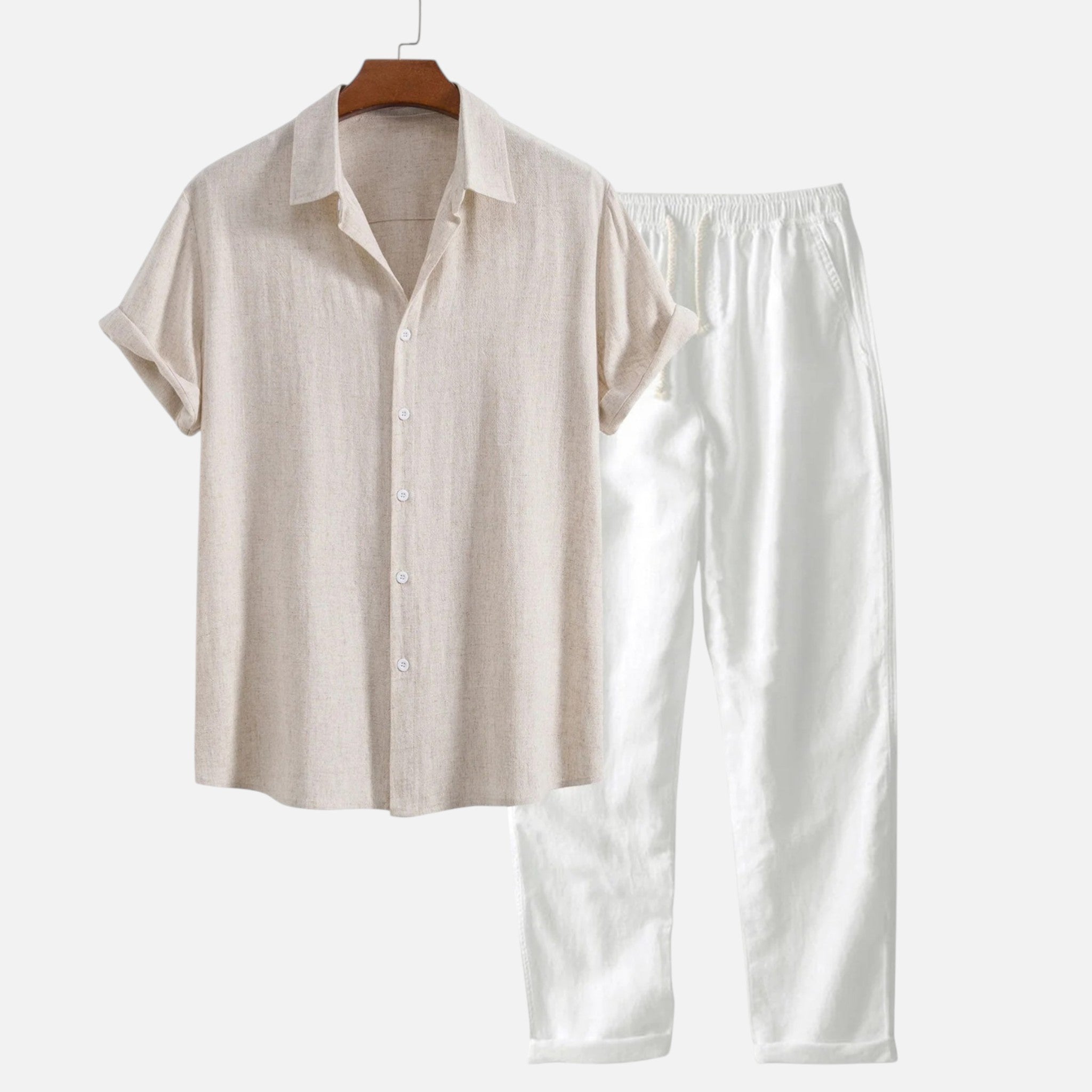Monvaline | Men’s Linen Blend Set Breathable Comfort Short Sleeve Summer
