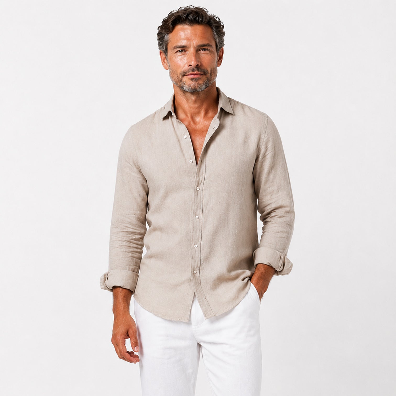 Monvaline | Men's Linen Blend Button-Up Shirt Relaxed Fit Summer Casual